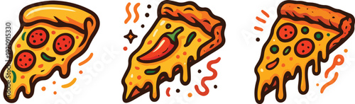 Spicy ,Cheesy & Yammy Pizza Cartoon Slices bundle | Fun Food creative Illustration.