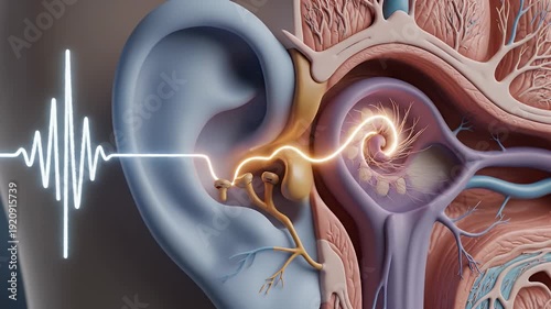 Detailed Anatomical Cross-Section of the Human Ear Illustrating Sound Wave Transmission and Auditory Nerve Stimulation with Vibrant Colors and