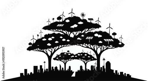 Eco friendly cityscape with wind turbines and trees