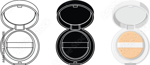 Collection of compact powder makeup containers including line art silhouette and realistic illustration for beauty and cosmetic product design