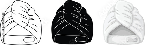 Collection of hair turban icons in outline solid black and white styles representing beauty and spa treatments for hair care