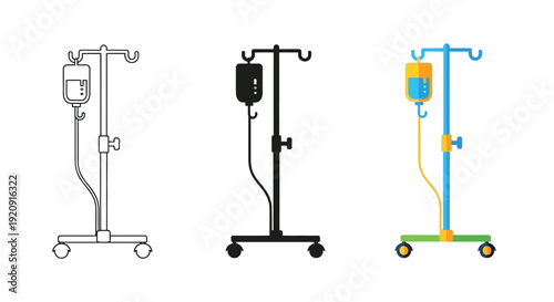 Collection of intravenous drip stand icons featuring line art silhouette and colorful flat design styles for medical use