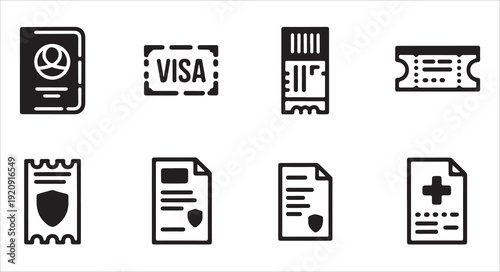 Compilation of black passport, visa, tickets, and documents icons for travel and official use