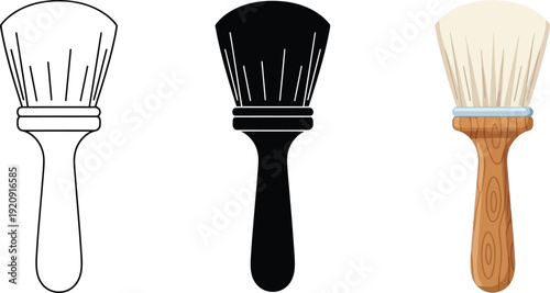 Collection of shaving brush icons including outline silhouette and realistic styles perfect for grooming or barber shop branding