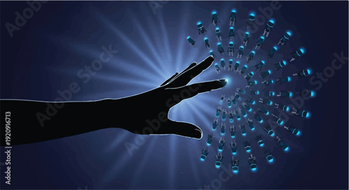 Hand reaching for glowing blue network connections in dark background