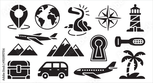 Outdoor adventure elements with globe mountains plane lighthouse and palm tree silhouettes