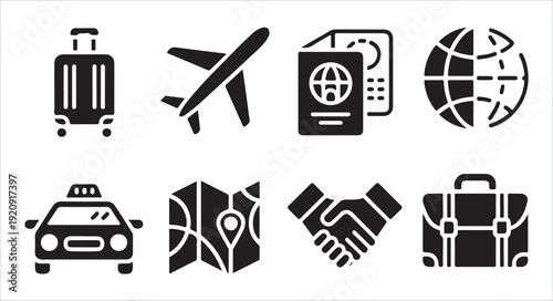 Global transit icons including taxi plane passport globe handshake and professional briefcase