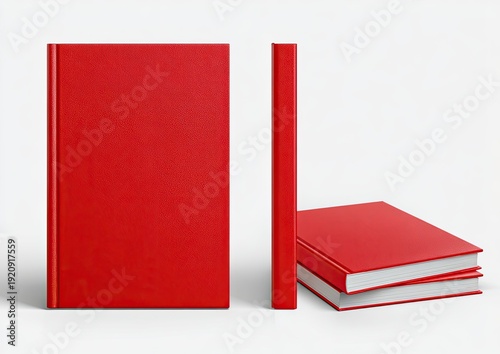 A mock-up of a red book, shown in different orientations, against a plain white background
