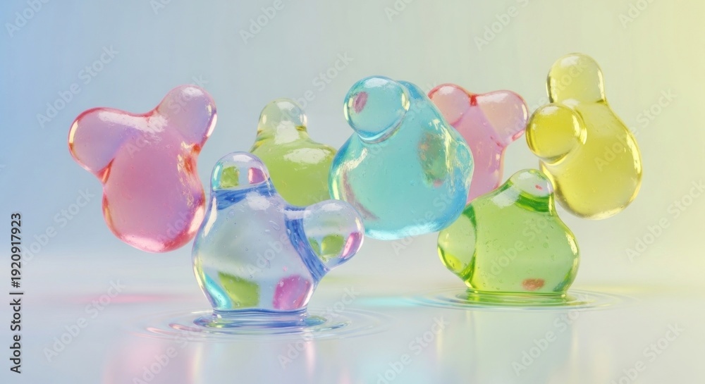 Fototapeta premium Colorful translucent glass objects arranged in a cluster on a reflective surface, viewed from a slightly elevated angle