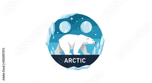 Illustration of a polar bear on a blue Arctic landscape with snow and icebergs for Polar Bears International day, a design element for events and campaigns.