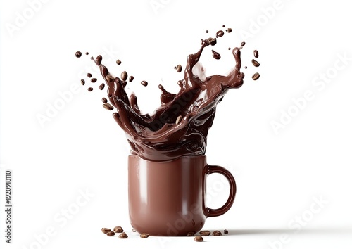 A brown mug with a splash of liquid and beans, isolated on a white background