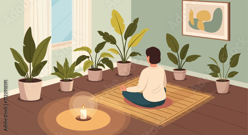 A person meditating on a mat surrounded by potted plants in a serene indoor setting with a lit candle