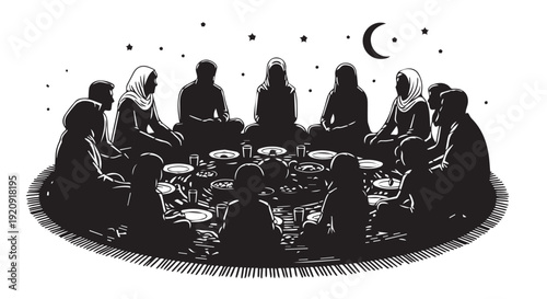 Muslim family enjoying a traditional meal together, united under the crescent moon and star symbol ,.star, family, children, gathering, together, love, home, illustration, ramadan, celebration, domest