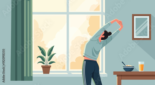 Woman stretching in a serene room with a large window, peaceful morning atmosphere, calm surroundings, and a healthy breakfast setup