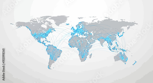 Global connections highlighted on a gray world map with blue marked regions from a global viewpoint