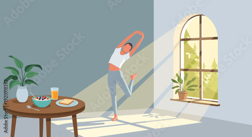 Woman practicing yoga in a serene, sunlit room with a healthy meal on a side table near a large arched window.