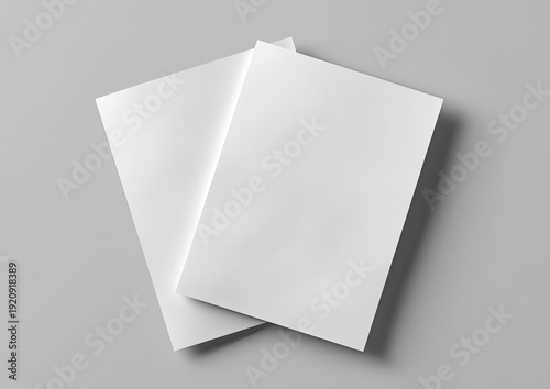 Two blank white magazines, one slightly overlapping the other, on a gray surface