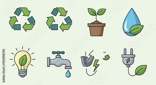 A collection of flat icons representing eco-friendly practices and sustainability concepts displayed together