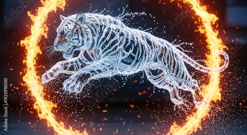 Dynamic wireframe tiger leaping through fiery ring, showcasing skeletal structure in motion, captured in a dramatic illustration