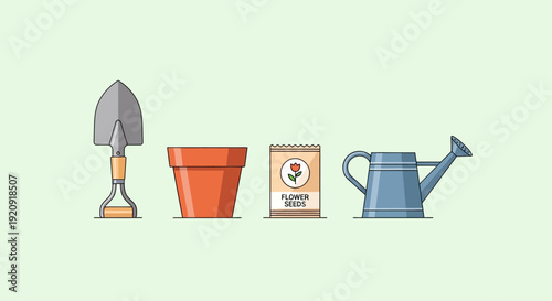 Gardening tools and supplies neatly arranged on a light background