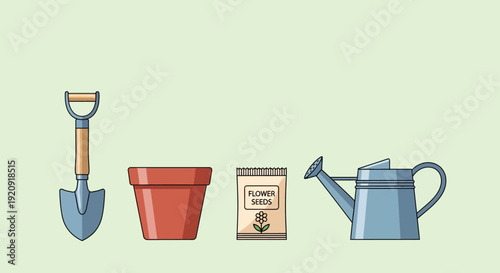 Gardening tools including shovel, pot, fertilizer, and watering can arranged neatly on a light green background from a straightforward viewpoint