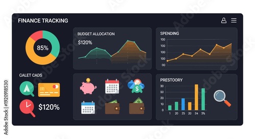 Finance tracking dashboard with charts and graphs displayed on a digital screen