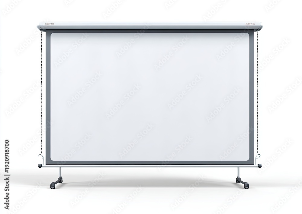 Obraz premium A large, rectangular white projector screen on a stand, isolated against a white background