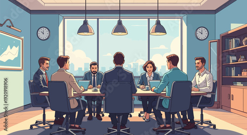 Corporate Business Team Meeting Illustration in Modern Boardroom. Professionals Discussing Strategy, Collaboration, and Executive Decisions.