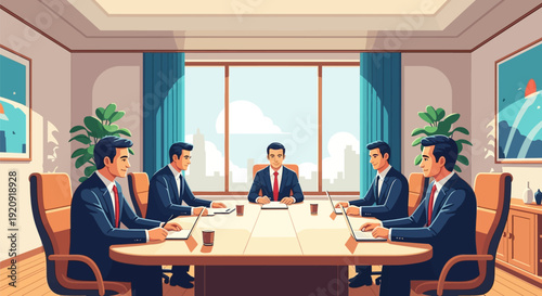 Corporate Business Meeting Illustration. Group of Executive Men in Suits Collaborating at Conference Table in Modern Boardroom with City Skyline View.
