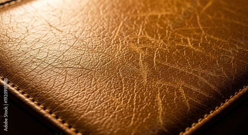 Close-up view of a luxurious brown leather surface with stitched edges in a warm, dark environment