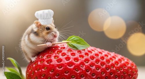 A hamster wearing a chef's hat stands on a giant strawberry in a kitchen environment viewed from the side