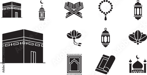 Diverse vector icons representing Islamic faith, culture, and traditions, featuring the Kaaba, mosque, Quran, lanterns, and prayer essentials for religious observances like Ramadan and Eid