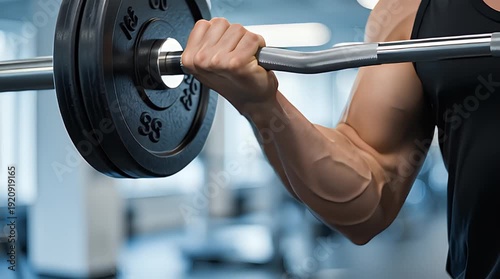 Muscular man's strong arm intensely lifting a heavy barbell with weights during an arduous bicep curl exercise at the gym, showcasing dedication to strength training and fitness.
