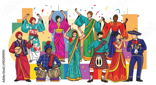 Diverse people in traditional clothing celebrating with music and dance