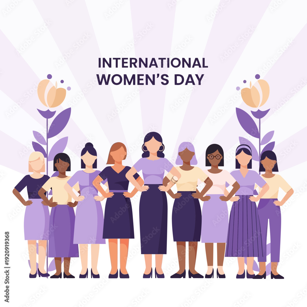 Fototapeta premium Diverse group of women standing together in solidarity on International Women's Day, illustration, flat design, purple hues, fists together