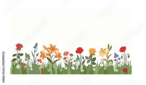 Spring flower blossoms bottom border with roses lilies and poppies flat vector isolated on white
