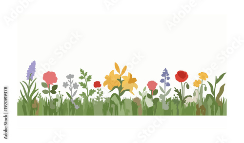 Spring flower blossoms bottom border with roses lilies and poppies flat vector isolated on white