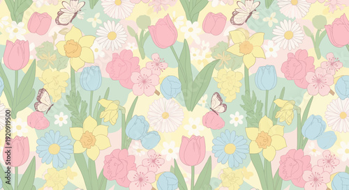Colorful flowers and butterflies in a lush garden scene, viewed from directly above, full of vibrant illustrations