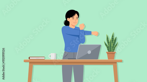 Vector illustration of a woman stretching at her home office desk during remote work on a light green background.