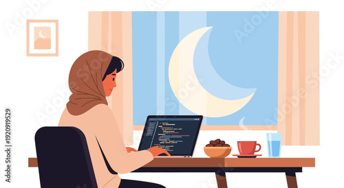 Woman working on laptop at desk near window with moonlit night view in a cozy indoor setting