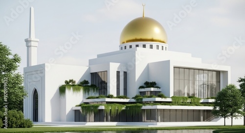 Modern Mosque with Golden Dome and Minaret in Serene Landscape Setting