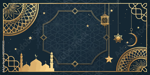 Dark blue Islamic background with golden ornamental frame, mosque silhouette, crescent moon, stars, and hanging lanterns.