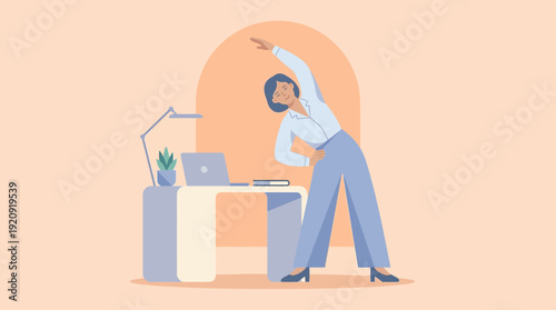 A vector illustration shows a woman stretching at her home office desk during remote work, promoting wellness.