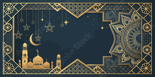 Elegant Ramadan Kareem background with golden geometric patterns, mosque silhouette, crescent moon, and stars on a dark blue textured backdrop