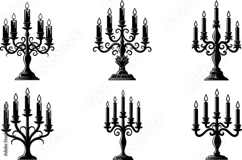 Elegant candelabra candle holder silhouette vector set, classic ornamental candlesticks collection, vintage luxury lighting decor icons, black decorative elements for interior, gothic, royal design