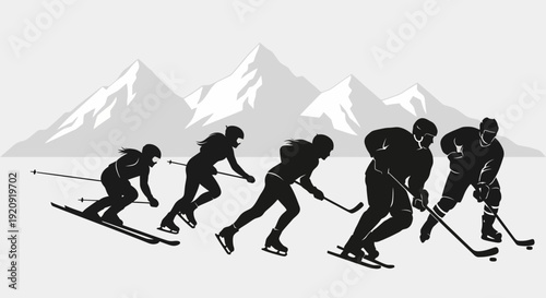 Group of Skiers in Action on Snowy Slopes against Majestic Mountains
