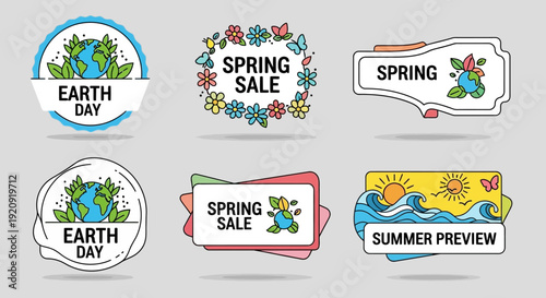 Collection of seasonal badge designs featuring earthy themes and vibrant colors for spring and summer promotions