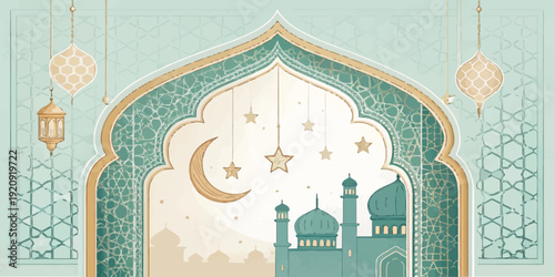 Beautiful Islamic archway framing a view of a mosque, crescent moon, and stars, decorated with lanterns and geometric patterns