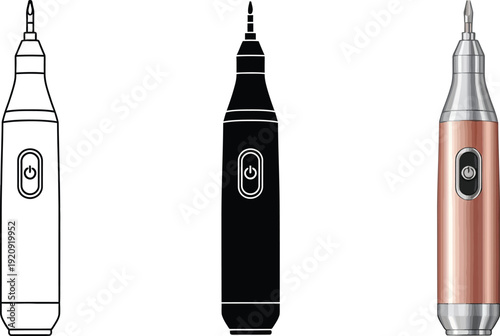 Set of three electric soldering iron icons line art solid black and metallic copper for electronics repair and DIY projects isolated on white