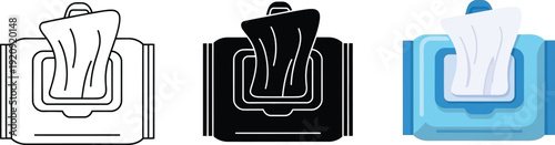 Set of wet wipe icons in different styles flat design for hygiene and cleaning concepts isolated on white background